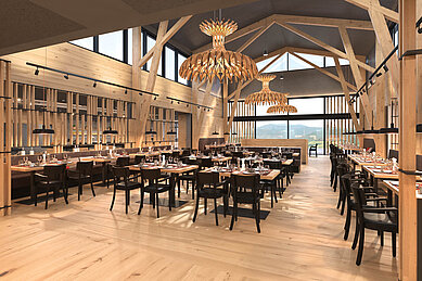 Modernes Restaurant im Familienhotel Schreinerhof mit natürlicher Holzarchitektur, eleganter Beleuchtung und gedeckten Tischen, bereit für die Gäste.