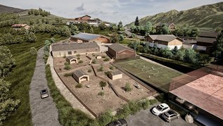 Eine Visualisierung der Übersicht des neu entstehenden Erlebnishofes mit Reithalle, Fussballplatz und Reitplatz am Allgäuer Berghof.