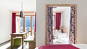 Familiensuite mit Balkon und Panoramafenstern mit einem wunderschönen Blick auf die Berge im Familienhotel Almfamilyhotel Scherer in Tirol.