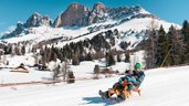 Vater und Sohn rodeln in Südtirol die Piste runter, bevor es wieder ins Familienhotel Engel Gourmet & Spa geht.