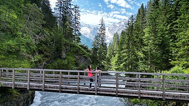 Einmaliger Ausblick vom Familienhotel Bella Vista in Südtirol, auf die Berge und Weiden und eine Gänseblümchen-Wiese.