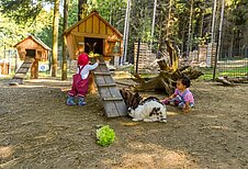 Zwei Kinder mit Hasen im Streichelzoo im großen Außengehege im Familienhotel Ulrichshof im Bayerischen Wald