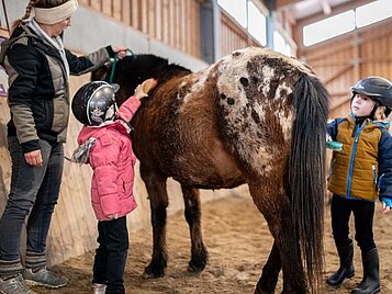 Kinder putzen mit der Reitlehrerin das Pony, in der Reithalle des Familotels Landhaus zur Ohe.