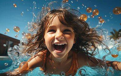 Ein fröhliches und lachendes Mädchen planscht im Swimmingpool in einem Familienhotel und macht ein Selfie mit dem Handy.