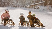 Eine Familie hat Spaß beim Rodeln auf einer sonnenbeschienenen Piste im Winter am Hotel Habachklause im Salzburger Land, umgeben von malerischen Schneelandschaften.