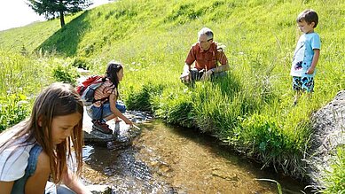 Kinder spielen zusammen mit einem Erwachsenen am Bach in der Natur.