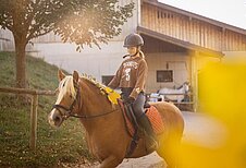 Ein Kind reitet auf einem Haflinger mit Blumen im Haar.