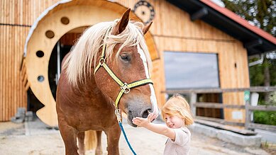 Das kleine Mädchen streichelt das Pferd vor dem Aktiv Stall des Familienhotels Landhaus zur Ohe im Bayerischen Wald.