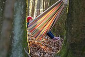 Kind sitzt in einer Hängematte im Waldkinder Club im Familienhotel Landhaus zur Ohe.