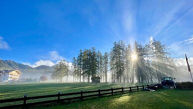 Morgensonne mit Nebel über einer Wiese rund um das Familienhotel Lärchenhof in Tirol