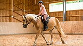 Mädchen reitet auf einem Pferd in der Reithalle des Familienhotels Schreinerhof im Bayerischen Wald.