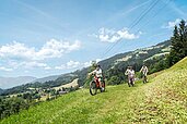 Eine Familie ist auf den Bergen mit den Leihrädern Biken nahe des Familienhotels Das Hopfgarten in Tirol.