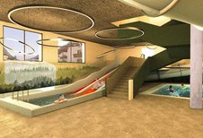 Visualisierung des Indoor-Poolbereichs im Alpura Retreat mit Wasserrutschen, Kinderbecken und spielenden Kindern unter modernen Deckenleuchten.