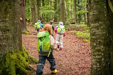 Gastkinder des Familienhotels Landhaus zur Ohe gehen mit Ihrem Betreuer in des Wald und erkunden die Landschaft.