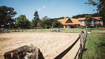 Großer Reitplatz des Familienhotels Landhaus Averbeck in der Lüneburger Heide bei Sonnenschein.