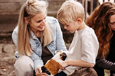 Kleines Mädchen füttert die Hühner auf dem Freigelände des Familienhotels Landhaus Averbeck in der Lüneburger Heide.