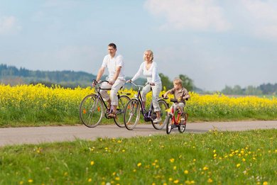 Familie fährt mit dem Fahrrad durch die Rapsfelder an der Ostsee