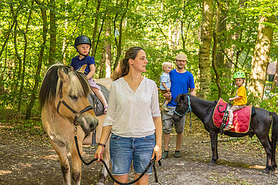 Zwei Kinder lernen auf Pferden das Reiten in Begleitung der Eltern.