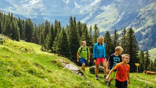 Eine Familie mit zwei Kindern beim gemütlichen Wandern im Salzburger Land im Familienurlaub in Österreich.