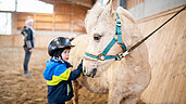 Junge streichelt Pferd im Reitstall vom Landhaus zur Ohe