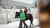 Ein geführter Ausritt mit der Familie im Winter im Familienhotel Der Ponyhof Steiermark.