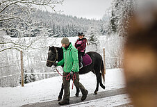 Ein geführter Ausritt mit der Familie im Winter im Familienhotel Der Ponyhof Steiermark.