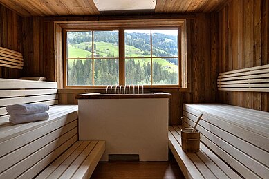 Biosauna mit Aussicht auf die Landschaft im Familienhotel Galtenberg Family & Wellness Resort in Tirol.