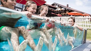 Einige Kinder im Aussenpool des Familienhotels Allgäuer Berghof im Allgäu..