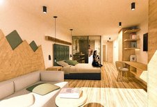 Visualisierung eines modernen Hotelzimmers mit Holzelementen, Doppelbett, Sitzbereich und Familienambiente im Alpura Retreat.