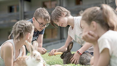 Kinder liegen auf der Wiese und streicheln die Hasen im Familienhotel Gorfion in Lichtenstein.