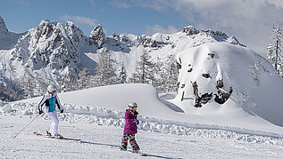 Familie im Winter beim Skifahren und Snowboarden. Das Skigebiet befindet sich in Nassberg.