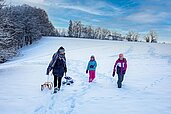 Familie beim Schlittenfahren im Familienurlaub im Hotel Ottonenhof im Sauerland.