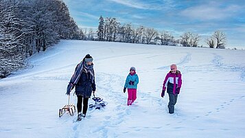 Familie beim Schlittenfahren im Familienurlaub im Hotel Ottonenhof im Sauerland.