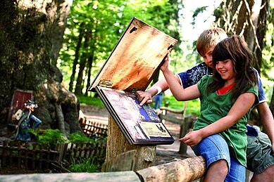 Kinder auf dem Erlebniswanderweg "Wichtelpfad" nahe des Familienhotels Feldberger Hof.