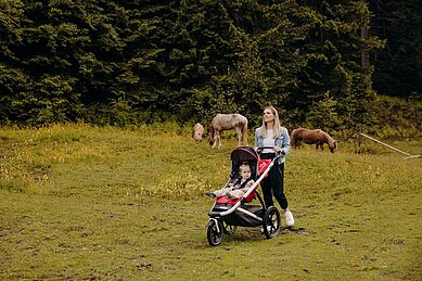 Eine Mama geht mit ihrem Kind und mit dem Kinderwagen in den Bergen spazieren.