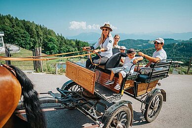 Familie bei einer Pferdekutschenfahrt im Familienurlaub im Familien Resort Petschnighof