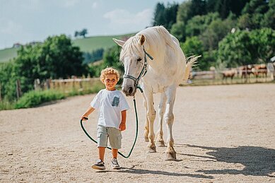 Junge führt ein Pferd an der Leine über den Reitplatz vom Familien Resort Petschnighof