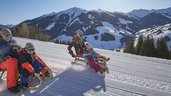 Familie beim Rodeln im Winter, umgeben von einer traumhaften Winterlandschaft