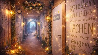 Märchenhafter Flur im Hotel Rhön Feeling mit Lichterglanz, Laternen und Blumenranken; am Ende ein leuchtendes Portal zu einem Schloss, rechts eine Tür mit „Elfen Club“-Schild und Wandtext.