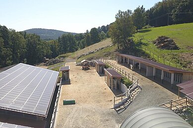 Außenanlage des Pferde-Aktiv-Stalles im Familienhotel Landhaus zur Ohe im Bayerischen Wald.