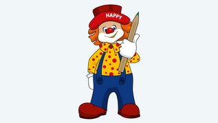 Clown Happy mit einem Buntstift in der Hand