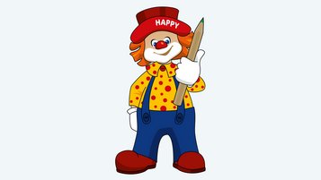 Clown Happy mit einem Buntstift in der Hand