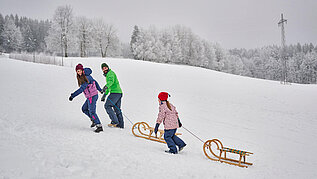 Winter im Thüringer Wald: Familie ist mit dem Schlitten unterwegs. Erlebt ein gemeinsames Rodelabenteuer.