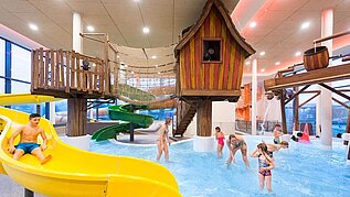 Die Wasserwelt im Familienhotel Schreinerhof im Bayerischen Wald mit zahlreichen Rutschen und Planschbecken für Kinder.