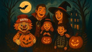 Ein illustratives Bild einer Familie mit zwei Kindern in Halloween-Verkleidung